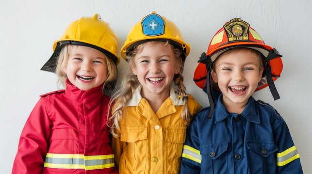 Three children in front of a white wall, dressed in firefighter uniforms, smiling at the camera