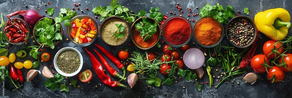 Poster a close-up image of various spices and fresh vegetables laid out on a dark kitchen counter. generati