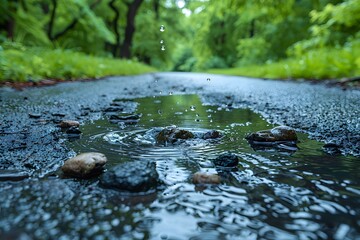 Serene Rainy Forest Pathway with Puddle and Falling Raindrops in a Lush Green Woodland