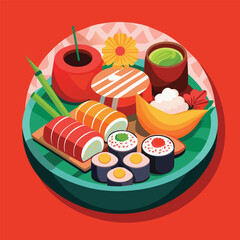 Delicious Japanese Food  A Variety of Sushi and Sashimi Mixed Japanese Food Plate