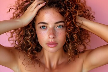 Fototapeta premium Natural Beauty - Freckled Young Woman with Curly Hair against Pink Background for Portrait Photography