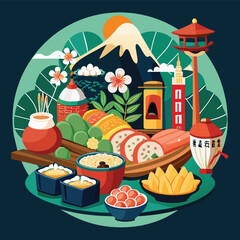 Delicious Japanese Food  A Variety of Sushi and Sashimi Mixed Japanese Food Plate