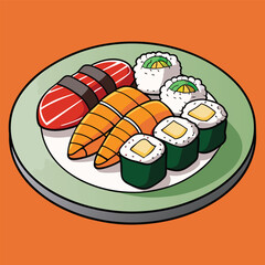 Delicious Japanese Food  A Variety of Sushi and Sashimi Mixed Japanese Food Plate