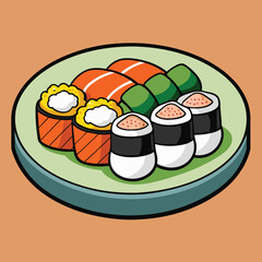 Delicious Japanese Food  A Variety of Sushi and Sashimi Mixed Japanese Food Plate