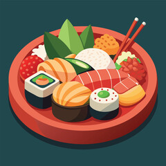 Delicious Japanese Food  A Variety of Sushi and Sashimi Mixed Japanese Food Plate