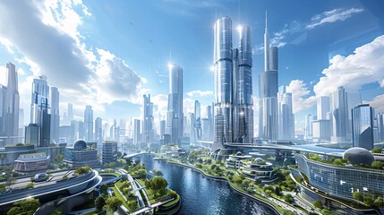 Obraz premium A cosmopolitan city center featuring towering skyscrapers and bustling streets filled with international businesses and tourists illustrating the essence of globalization