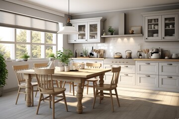 3d rendering scandinavian vintage modern kitchen with dining area