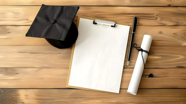 Blank mock up of a graduation certificate on a classic wooden desk, accompanied by a black cap and a pen, ready for adding names and details for custom designs