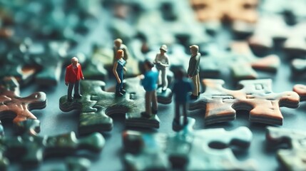 Miniature figures on a puzzle, symbolizing teamwork and problem-solving in a creative light.