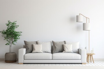 Bright and cozy modern living room interior have sofa and lamp with white wall
