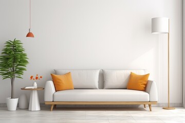Bright and cozy modern living room interior have sofa and lamp with white wall