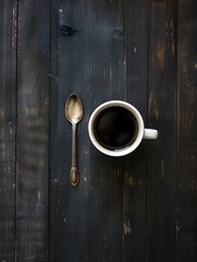 Black coffee in a white cup placed on a dark wooden table alongside a dessert spoon