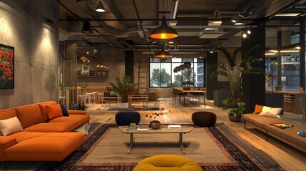 A dynamic coworking space with young professionals from different countries working on innovative projects and sharing ideas in a creative environment
