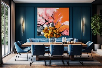 An inspiring living room with a blue accent wall and a white rug ai generative