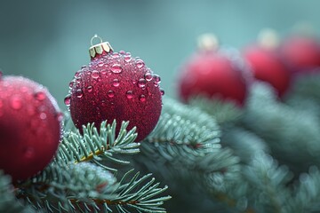Vibrant Red Christmas Ornaments with Dew Drops on Evergreen Branches - Holiday Decoration Background