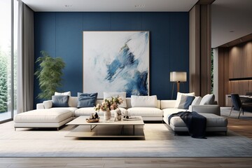 An inspiring living room with a blue accent wall and a white rug ai generative