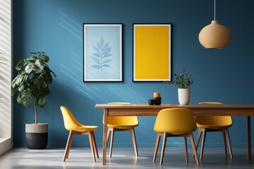 The interior of a blue dining room with a poster and white chairs at a wooden table with a plant and a yellow lamp