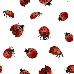 Fototapeta premium Seamless watercolor pattern with ladybugs without background 