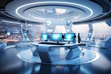 Futuristic office design with modern computer equipment generated by ai