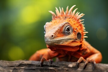 Beautiful baby red iguana closeup head on wood animal closeup