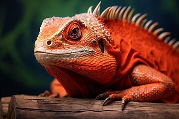 Beautiful baby red iguana closeup head on wood animal closeup