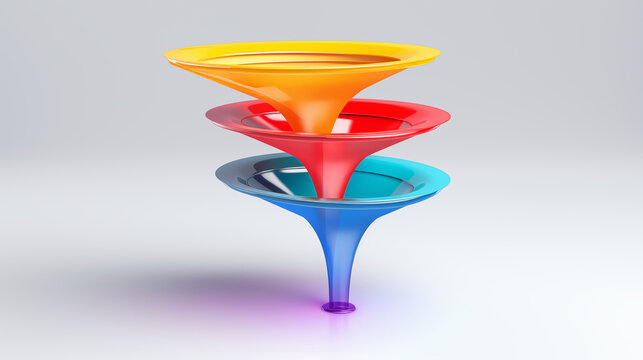 Colorful 3D funnel model flow 3 step, levitating on white gray background.
