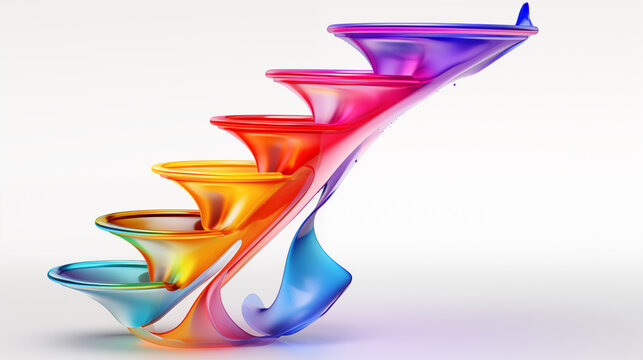 Colorful 3D funnel model flow 5 leyer, levitating on white gray background.