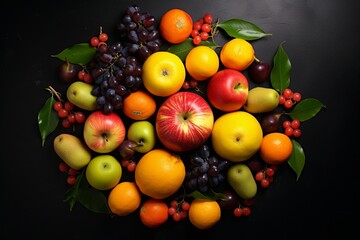 Top view different fruits composition ripe and mellow fruits on dark background diet mellow fresh fruits