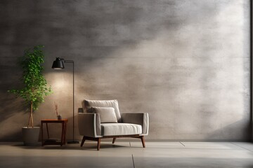 Living room interior in loft apartment with armchair,concrete wall.3d rendering