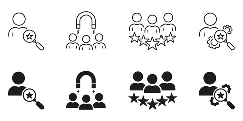 Human Resource Line and Silhouette Icon Set. Headhunting Black Pictogram. Find Job, Search Talent Employee Symbol Collection. Recruitment Agency Sign. Isolated Vector Illustration