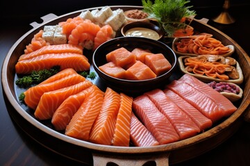 A tray of food including a variety of foods including salmon, salmon, and other foods.