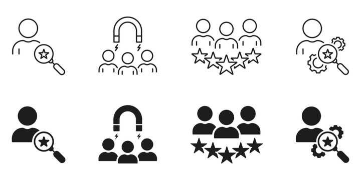 Human Resource Line and Silhouette Icon Set. Headhunting Black Pictogram. Find Job, Search Talent Employee Symbol Collection. Recruitment Agency Sign. Isolated Vector Illustration