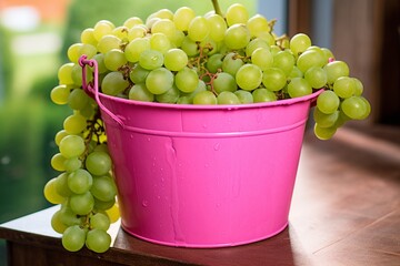 A pink bucket full of green sweet grapes . high quality photo