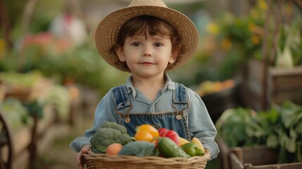 A young boy in a straw hat holds a basket of fresh produce
