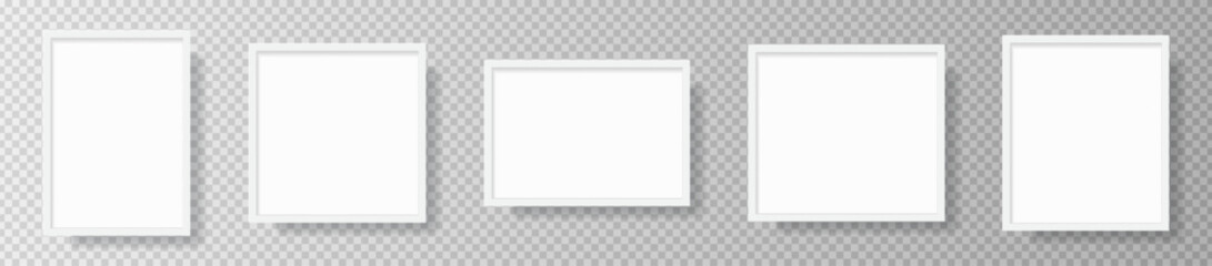 Photo Realistic White Blank Picture Frame, hanging on a Wall from the Front. mockup isolated on transparent background. Graphic style template. Vector illustration