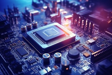 The engineers gloved hand is holding the cpu chip against the background of the motherboard