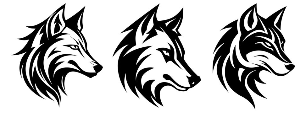 Set of three Tribal wolf or Fox side head portrait logo design black and white mascot isolated on transparent background editable vector