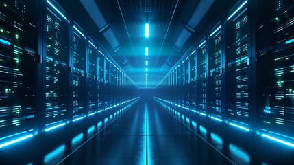 A parallel row of servers, adorned in electric blue, fills a technology-driven data center hallway with a symmetrical display of power and technology.