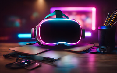 VR headset on a sleek desk with gaming accessories, neon lighting, virtual reality template