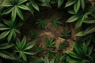 Marijuana leaves background. Top view composition. Ai generative