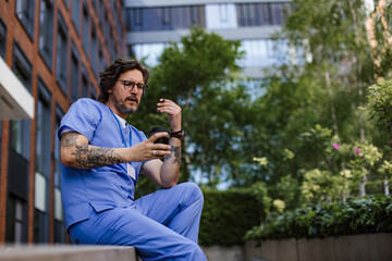 Healthcare worker taking a break, smoking a cigarette outdoors and scrolling on phone, in front of the hospital building.