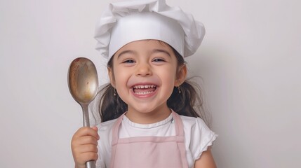 A young girl in a chefs hat and apron holds a spoon while smiling