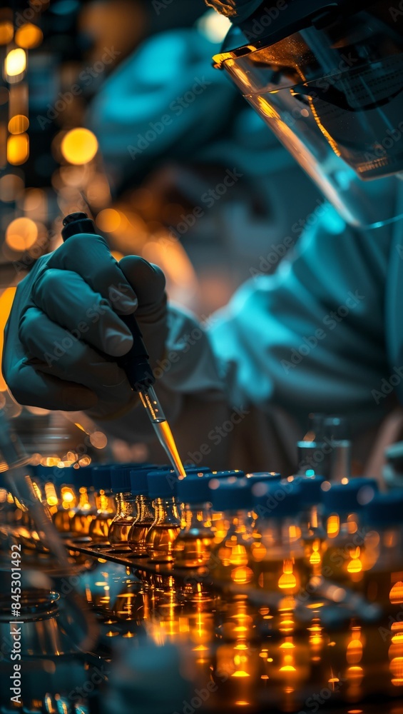 Wall mural A pharmaceutical lab technician preparing a sample, surrounded by scientific instruments and chemical solutions, highlighting precision and research