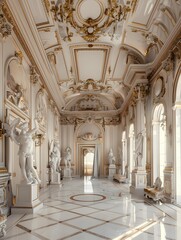 An opulent white marble interior with statues and ornate gold detailing, lit by natural light, conveying grandeur and elegance. 