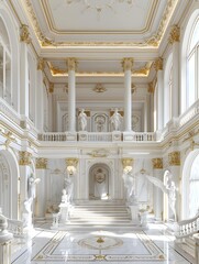 Fototapeta premium An opulent white marble interior with statues and ornate gold detailing, lit by natural light, conveying grandeur and elegance. 