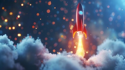 An abstract rocket taking off, the concept of a startup, successful business and teamwork