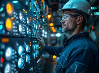 A nuclear plant technician in a control room, monitoring screens and gauges, with a focus on safety and precision in a high-stakes environment