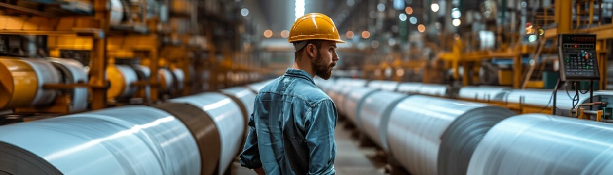A paper mill worker managing large rolls of paper, with machinery and stacks of paper in the background, highlighting the industrial scale