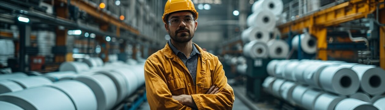 A paper mill worker managing large rolls of paper, with machinery and stacks of paper in the background, highlighting the industrial scale