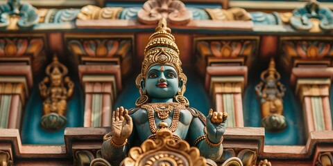 An intricately designed and vividly painted statue of a blue deity adorned with gold, with a richly detailed temple as the background, showcasing vibrant cultural artistry.